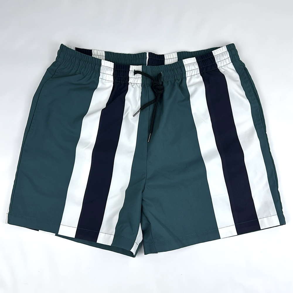SHEIN Men’s Swim Trunks. Large. Teal, White & Navy Stripes. No liner.